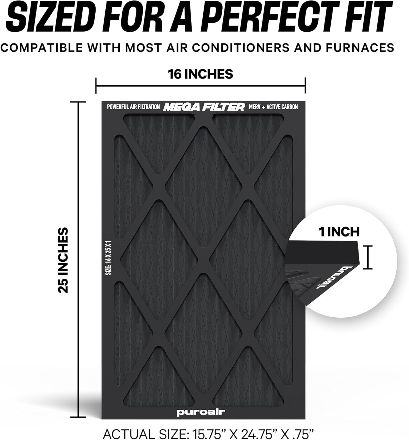 PuroAir MegaFilter - MERV 13 Activated Carbon Air Filter | Heavy-Duty 3-Layer Defense 16x25x1