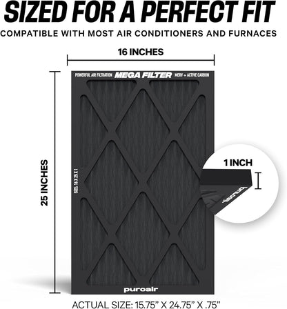 PuroAir MegaFilter - MERV 13 Activated Carbon Air Filter | Heavy-Duty 3-Layer Defense 16x25x1