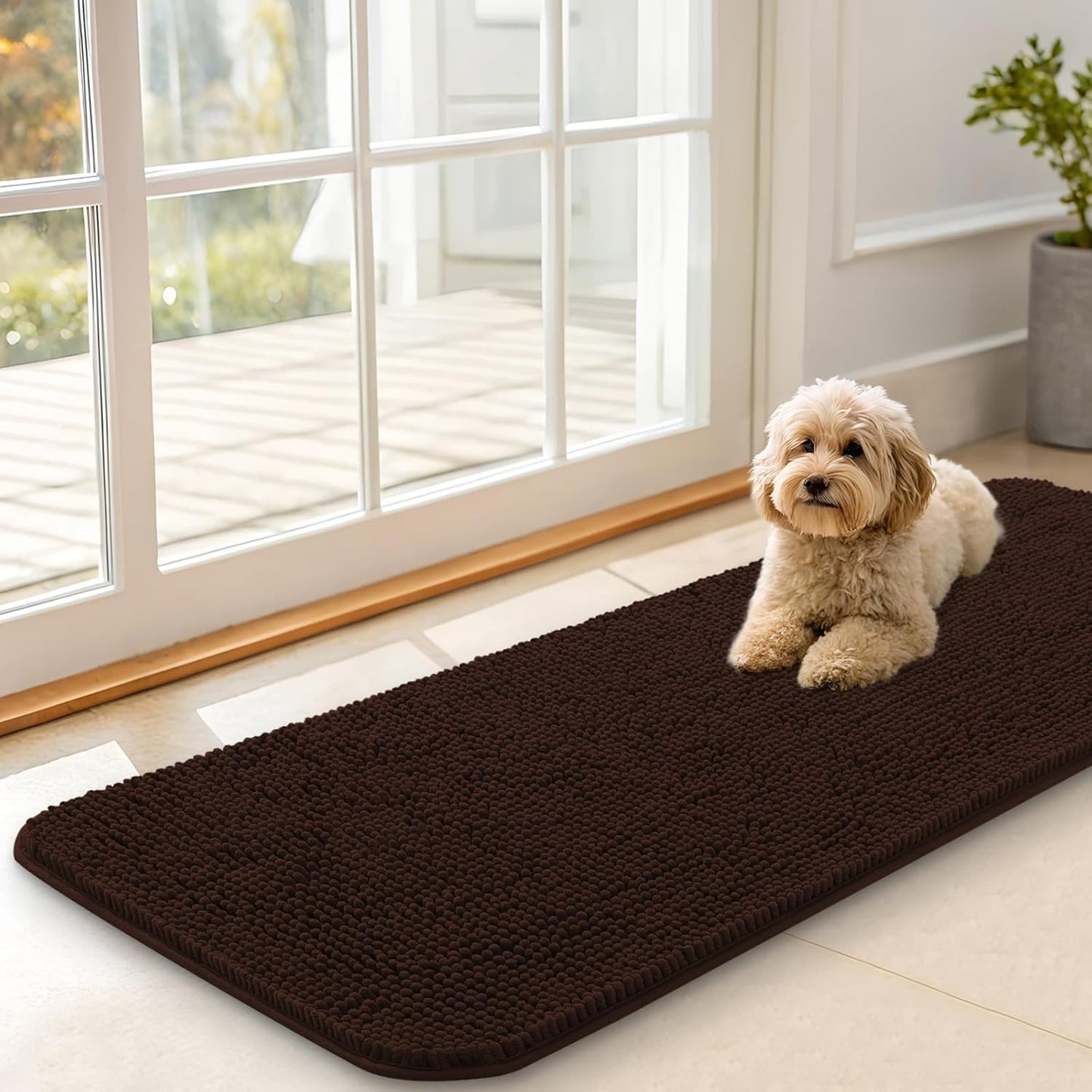 OLANLY Dog Door Mat - Absorbent Non-Slip Washable Chenille Mat for Muddy Paws | 47x17 Inches, Brown