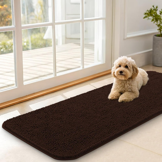OLANLY Dog Door Mat - Absorbent Non-Slip Washable Chenille Mat for Muddy Paws | 47x17 Inches, Brown