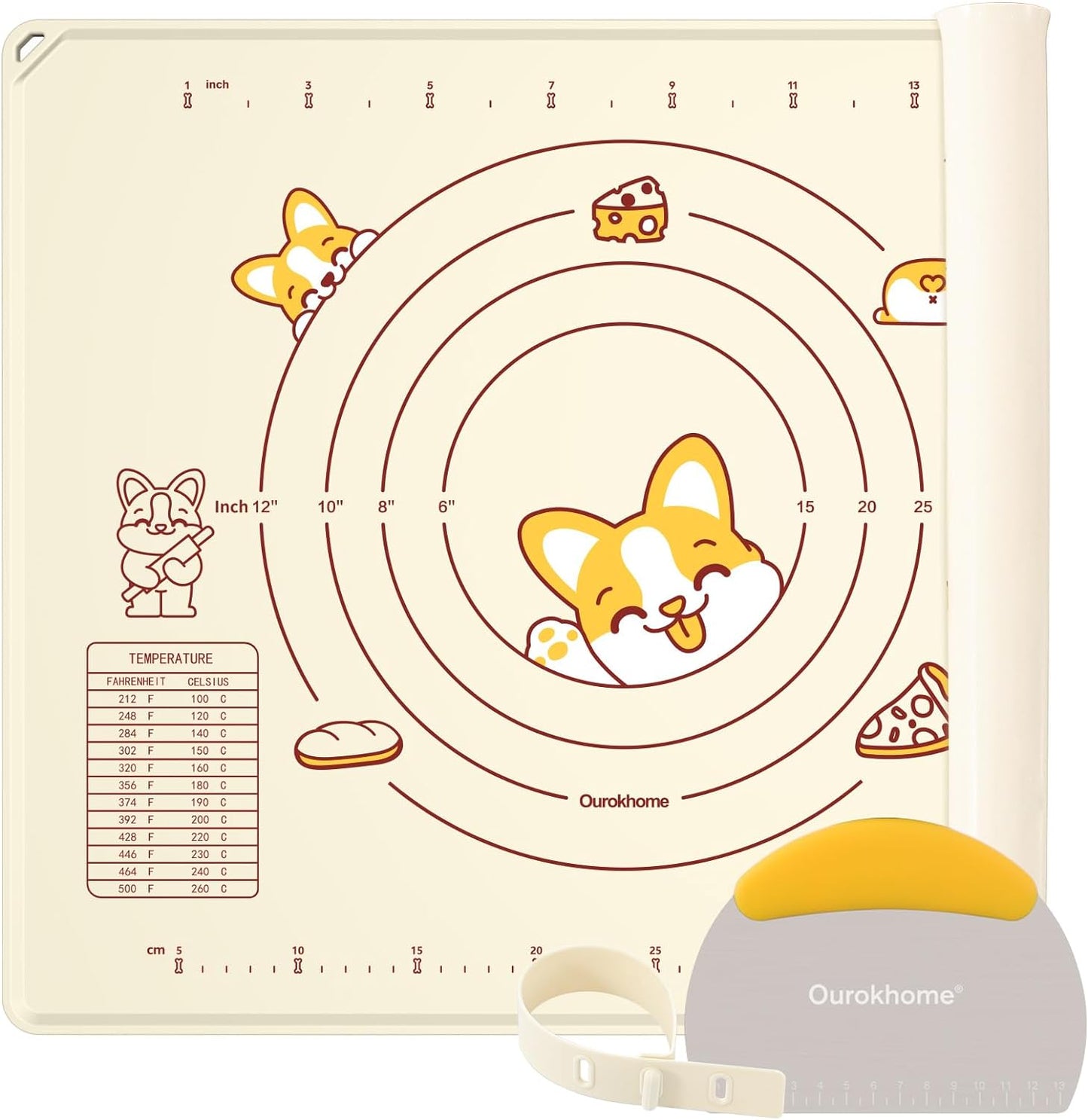 Ourokhome Silicone Baking Mat - Non-Stick, Anti-Slip Pastry Dough Cutter | 20'' x 16'', BPA-Free (Beige)