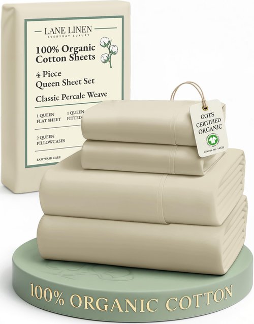 LANE LINEN 100% Organic Cotton Queen Size Sheets Set, Eco Friedly Mercerized Fully Elasticized Queen Sheets, Naturally Temperature Regulating Cooling Cotton Sheets- Linen