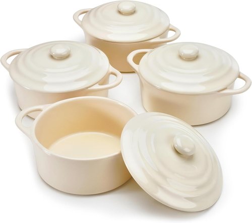 Kook Ceramic Mini Cocotte Set - Small Casserole Dishes with Lids | Oven & Microwave Safe, 12 oz, Ivory, Set of 4