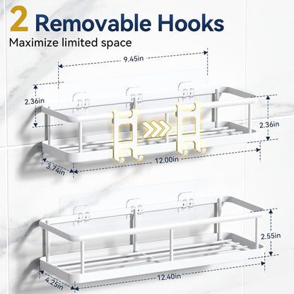 YASONIC Shower Caddy - No Drill Wall-Mounted Organizer with Removable Hooks | Rust-Proof, White, 2 Pack