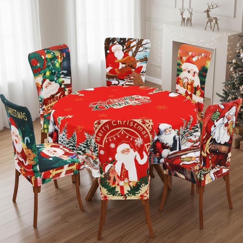 Christmas Tablecloth and Chair Cover Set, 60 Inch Round (6 Chair Covers) – Polyester, Holiday Table Decor