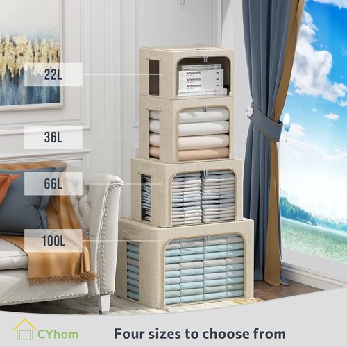 CYhom Foldable Storage Bins - Large Capacity Linen Fabric Organizer with Clear Window & Handles | 3-Pack (Small - 22L, Beige)
