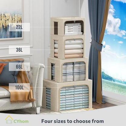 CYhom Foldable Storage Bins - Large Capacity Linen Fabric Organizer with Clear Window & Handles | 3-Pack (Small - 22L, Beige)