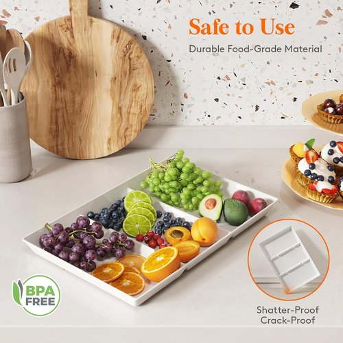 Lifewit Serving Tray Set - 4 Divided Plastic Platters for Food | 15" x 10" White Reusable Trays for Snacks & Desserts