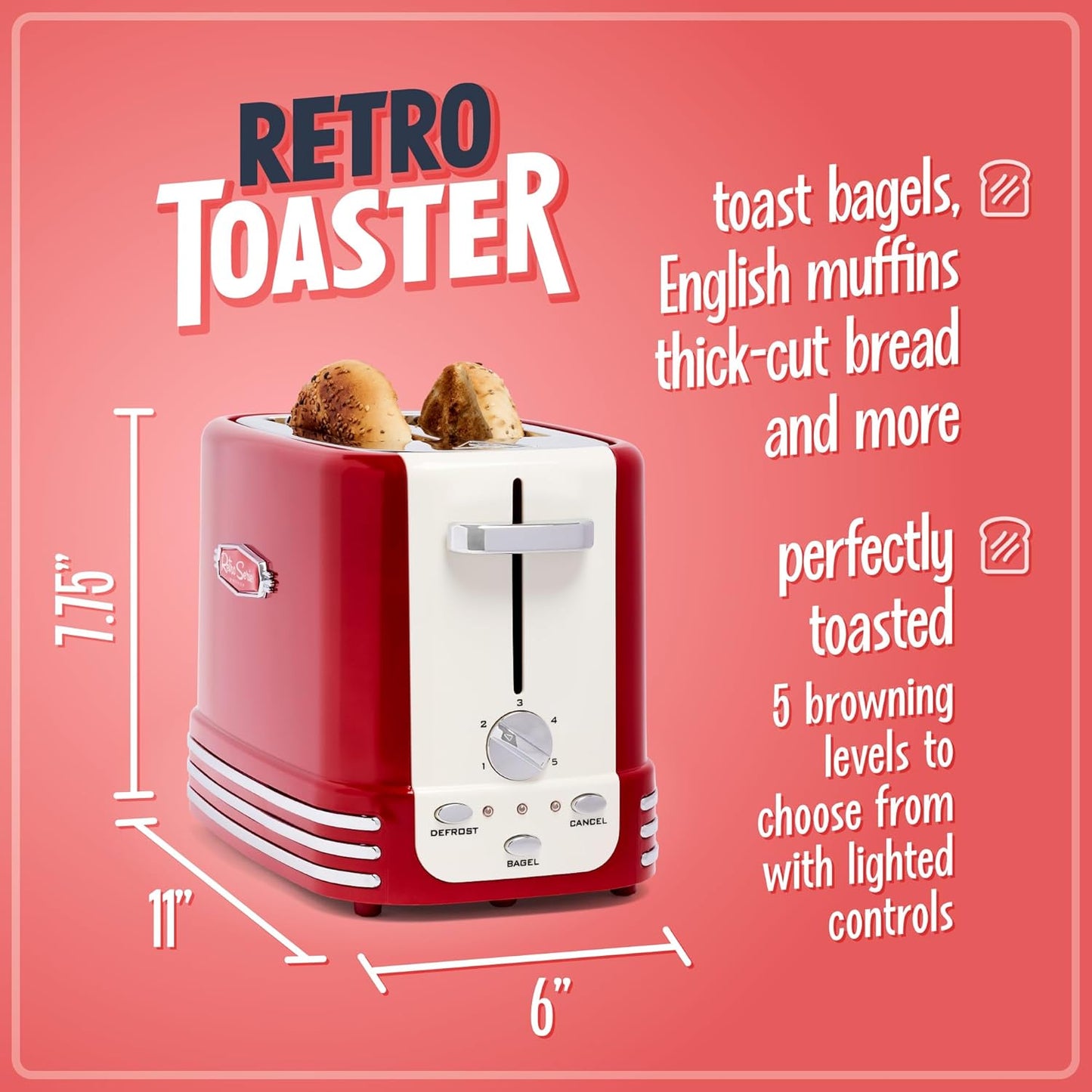 Nostalgia Retro 2-Slice Toaster - Vintage Design, Crumb Tray, 5 Toasting Levels | Red