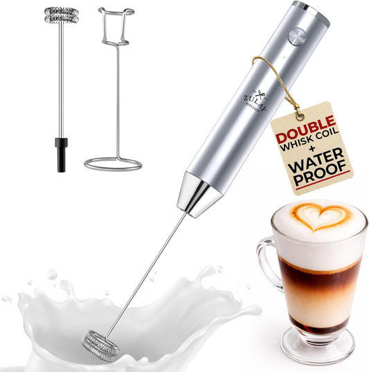 Zulay Kitchen Rechargeable Milk Frother - Powerful 2-Speed Motor, Waterproof, 2000mAh Battery | Pure Silver Drink Mixer for Lattes, Cappuccinos, Matcha & Protein Powder