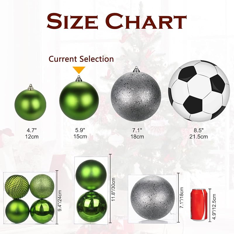 Large 5.9" Christmas Ornaments Balls (2 Pcs) Green – Shatterproof Hanging Loop, Indoor/Outdoor Decor