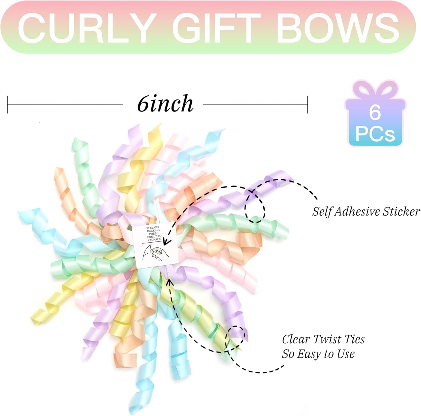 Skiennix 6-Inch Pastel Curly Gift Bows - Self-Adhesive Rainbow Set of 6 for Easter, Birthdays & Weddings