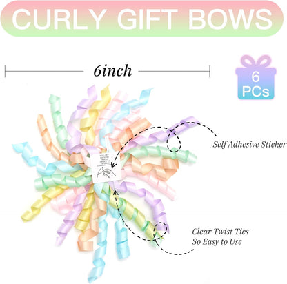 Skiennix 6-Inch Pastel Curly Gift Bows - Self-Adhesive Rainbow Set of 6 for Easter, Birthdays & Weddings