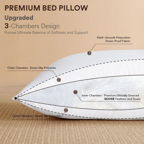 ABOUTABED Goose Feather Down Pillows Queen Size Set of 2, Luxury Soft Feather Pillows for Sleeping, Smooth Down-Proof Fabric, Hotel Collection Bed Pillows Surround Fill Polyester (White, 20"x30")