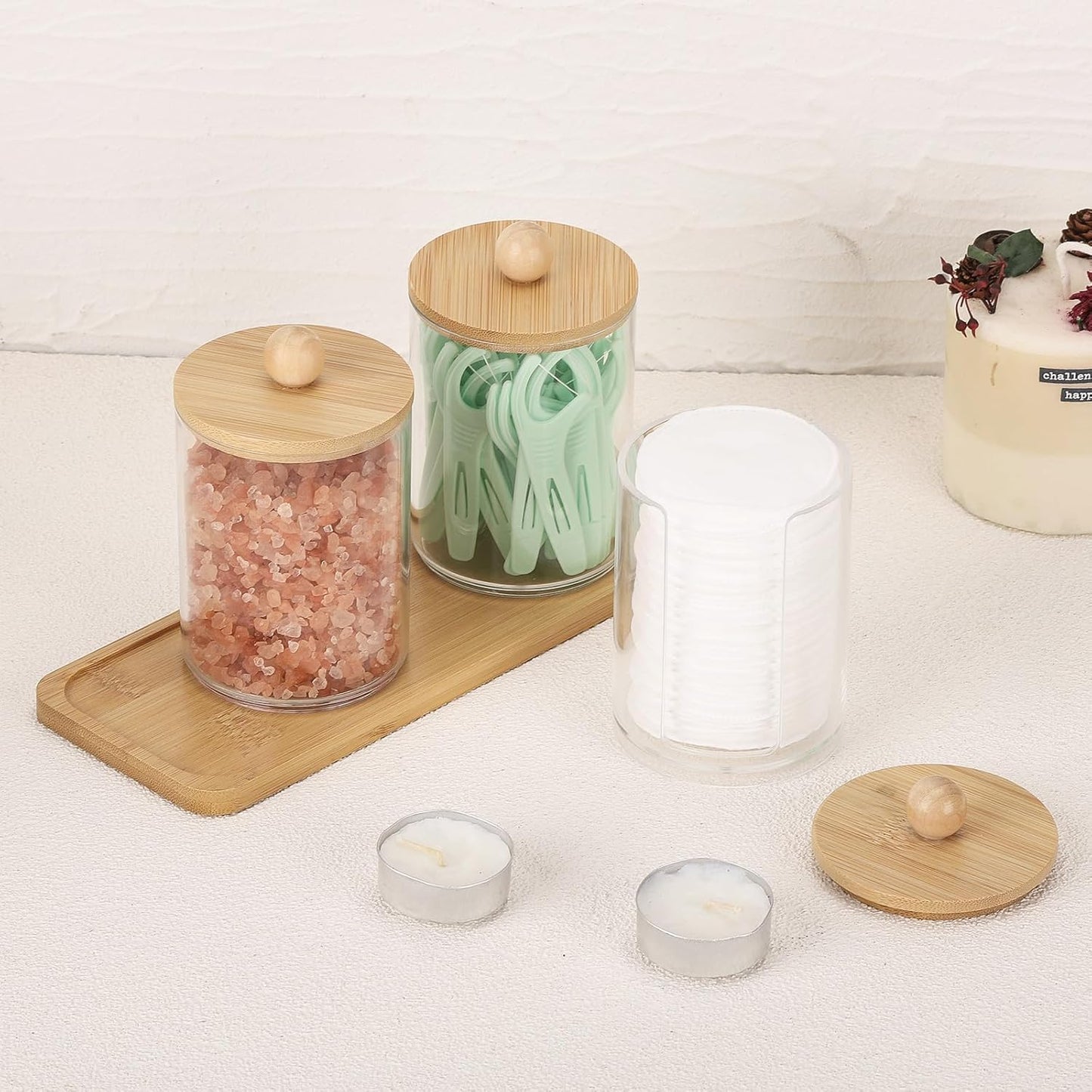 Tbestmax Qtip Holder - 10 Oz Clear Apothecary Jar with Bamboo Lid | 3 Pack Cotton Swab Dispenser