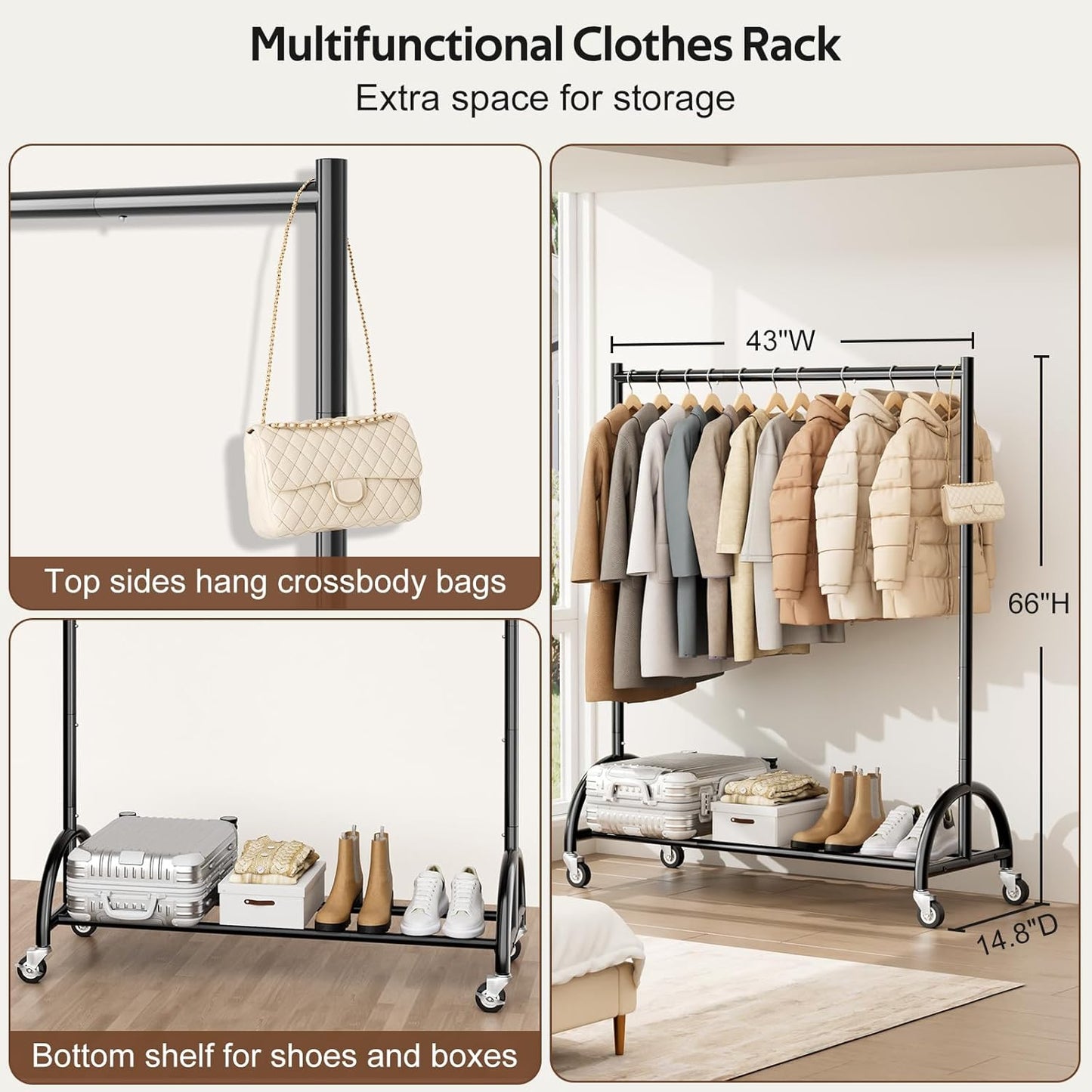 MISSLO Heavy Duty Clothing Rack - Rolling Garment Rack for Coats & Dresses - Black Finish