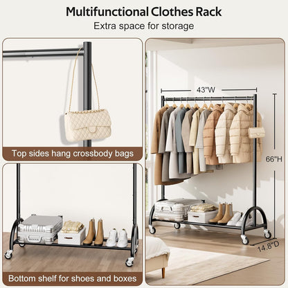 MISSLO Heavy Duty Clothing Rack - Rolling Garment Rack for Coats & Dresses - Black Finish