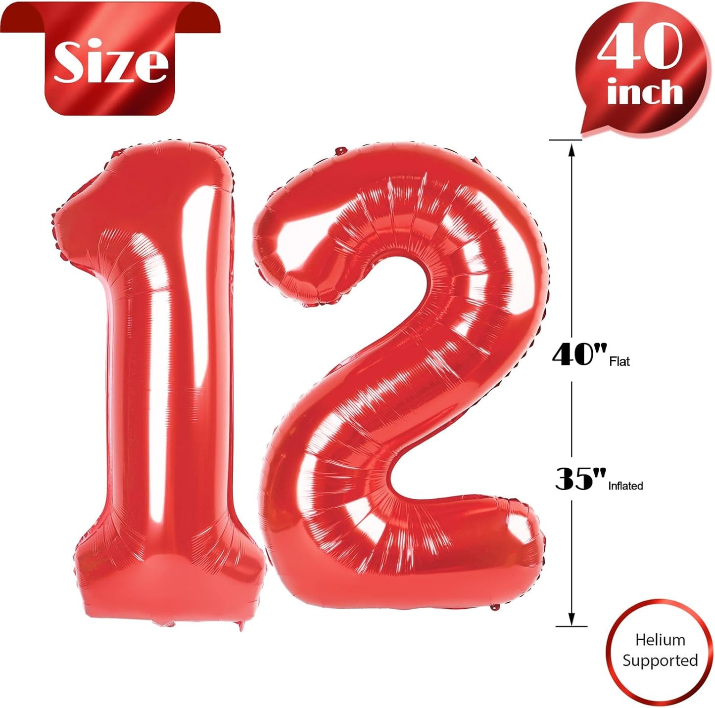 Red Number 12 Balloon - 40 Inch Birthday Decoration for 12th Birthday Party Supplies