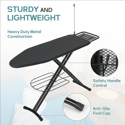 Ironing Board 48x15 in, RAINHOL Large Heavy Duty Ironing Boards Full Size with Pad and Cover, Height Adjustable Iron Stand with Storage Tray and Iron Rest, Black