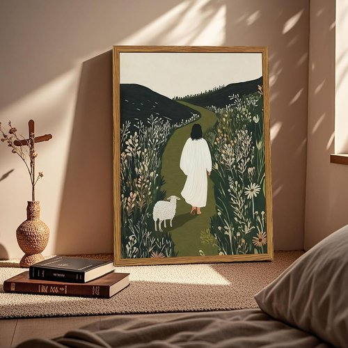 Framed Jesus Wall Art - Leaves the 99 Sheep Canvas Print | Christian Decor for Living Room, Bedroom, Church - 12x16 Inch