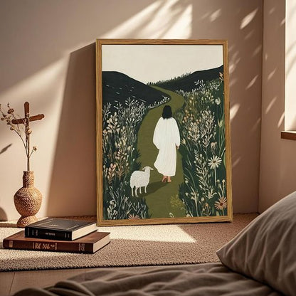 Framed Jesus Wall Art - Leaves the 99 Sheep Canvas Print | Christian Decor for Living Room, Bedroom, Church - 12x16 Inch