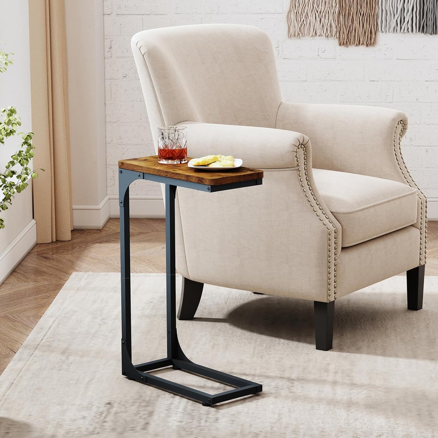 QEEIG Narrow C Shaped Side Table Set - Slim Couch Tray Tables in Rustic Brown | 7-Inch Width, Set of 2