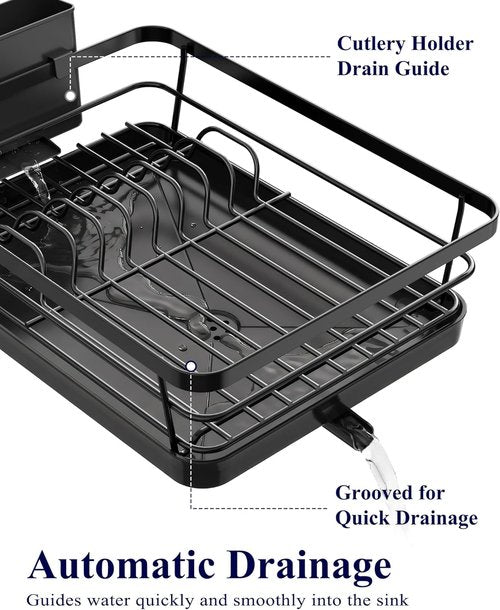 Kitsure Dish Drying Rack - Stainless Steel Kitchen Sink Organizer with Cutlery Holder | 12"W x 15.5"L, Black
