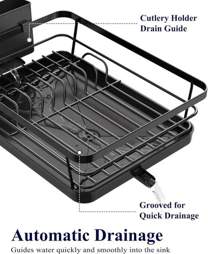 Kitsure Dish Drying Rack - Stainless Steel Kitchen Sink Organizer with Cutlery Holder | 12"W x 15.5"L, Black