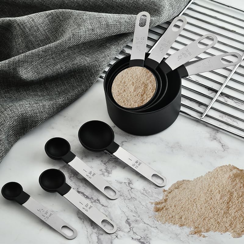 Skiennix Measuring Cups and Spoons Set - 10-Piece Stackable Kitchen Tools with Engraved US Measurements | Food-Grade Silicone Handles, Dishwasher Safe (Black)