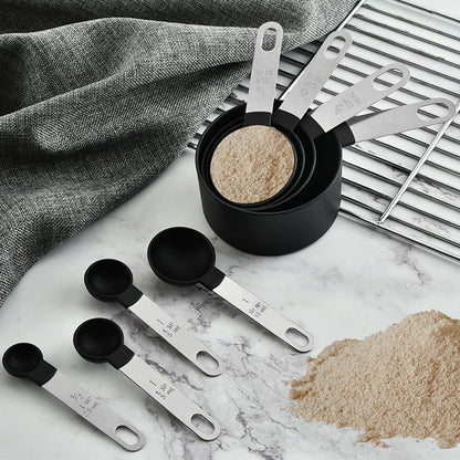 Skiennix Measuring Cups and Spoons Set - 10-Piece Stackable Kitchen Tools with Engraved US Measurements | Food-Grade Silicone Handles, Dishwasher Safe (Black)