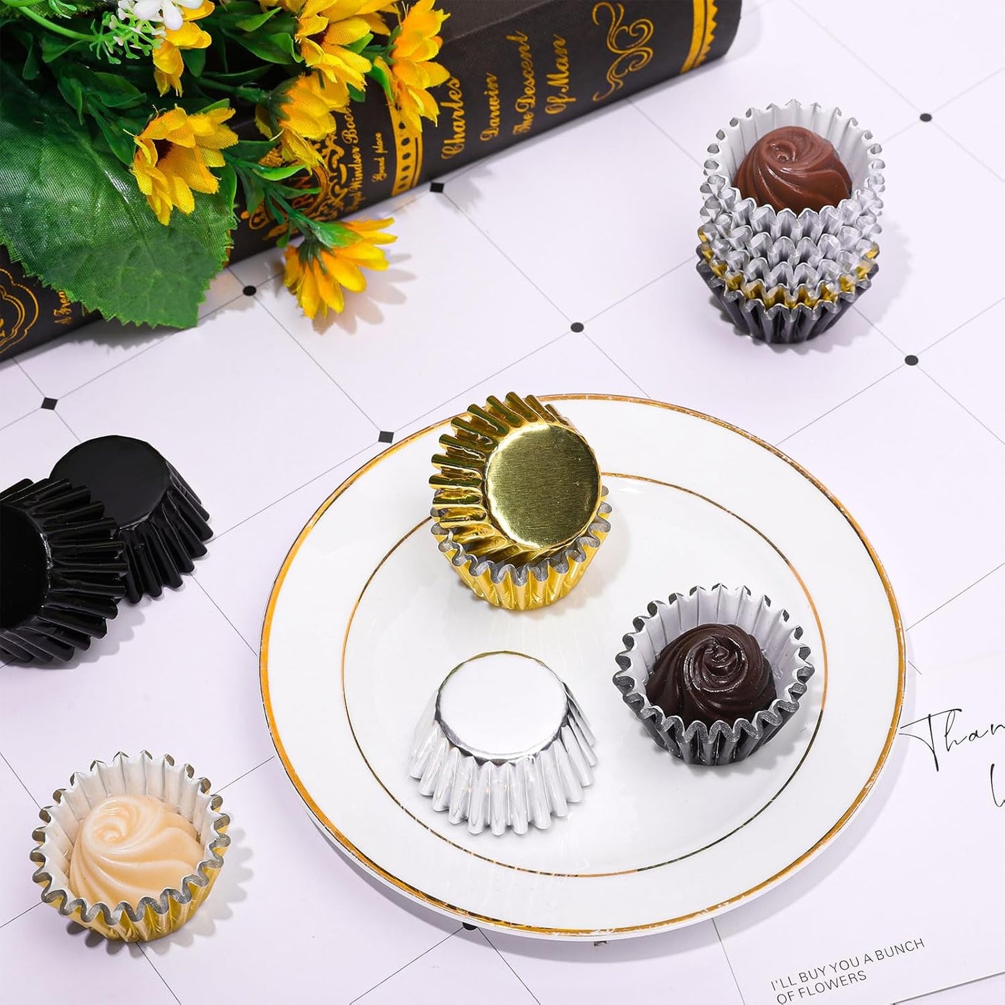 Whaline Graduation Mini Cupcake Liners - 300 Pcs Black Gold Silver Foil Baking Cups for Parties