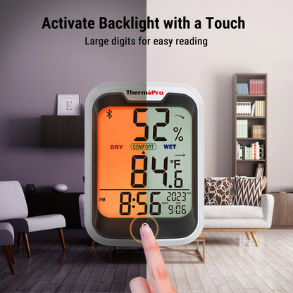 ThermoPro TP358 Bluetooth Thermometer for Room Temperature with Built-in Clock, Smart Temperature Sensor and Humidity Meter with Backlit, 260Ft Hygrometer Indoor Thermometer with Data Storage Export
