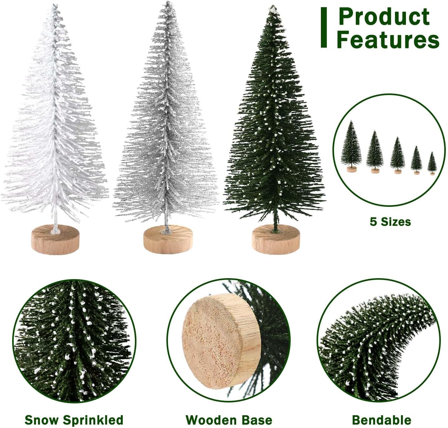 Skiennix 30Pcs Mini Christmas Trees - Artificial Bottle Brush Trees with Wooden Base | Green, Silver, White Decor