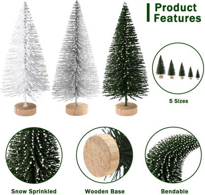 Skiennix 30Pcs Mini Christmas Trees - Artificial Bottle Brush Trees with Wooden Base | Green, Silver, White Decor