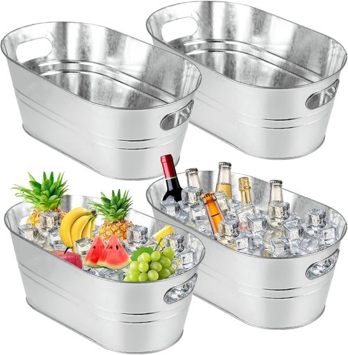 4 PCS Galvanized Bucket 3.4 Gallon Ice Buckets for Parties with Carry Handles Stainless Steel Beverage Tub for Parties 3.4 Gallon Galvanized Tub Drink Buckets for Parties,Mimosa Bar,Champagne