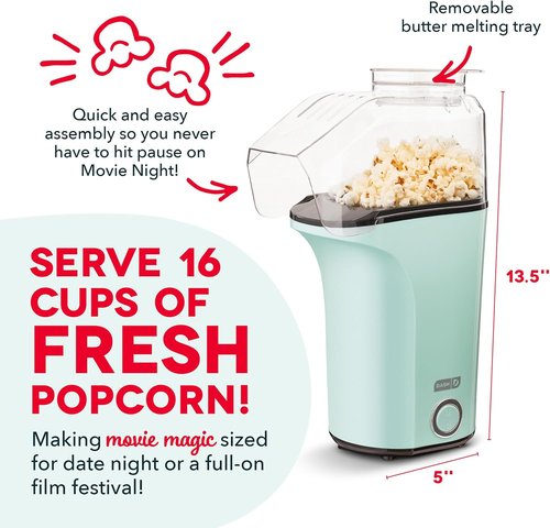 DASH Fresh Pop Popcorn Maker - Oil-Free Air Popper with Measuring Cup & Recipe Guide - 16 Cups, Aqua