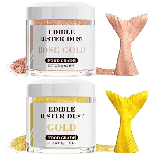Cherrysea Luster Dust Edible Set - Food Grade Shimmer Powder for Cakes & Cocktails | 4g Bottles - Gold & Rose Gold