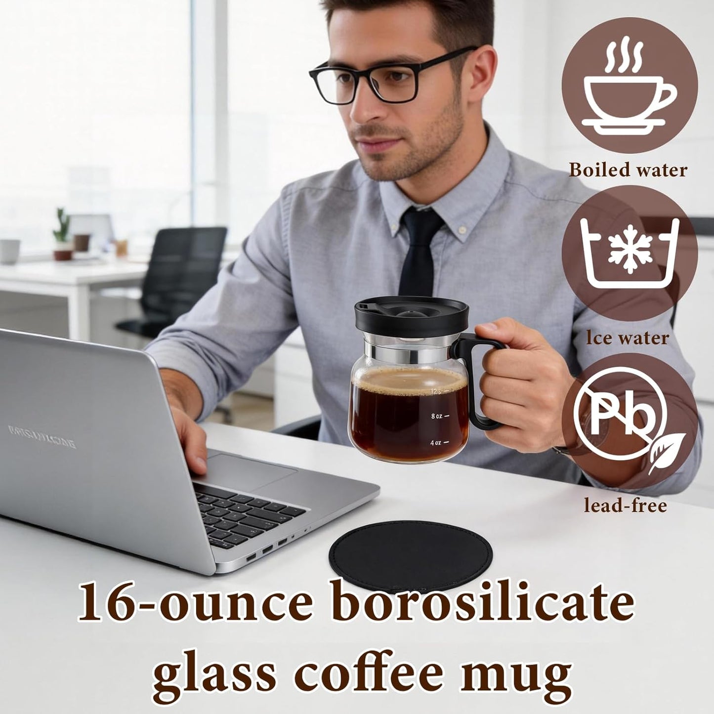Skiennix Coffee Pot Mug - 16-Ounce Glass Mini Cup with Spill-Proof Lid & Stainless Steel Chilling Ball | Perfect Gift for Coffee Lovers
