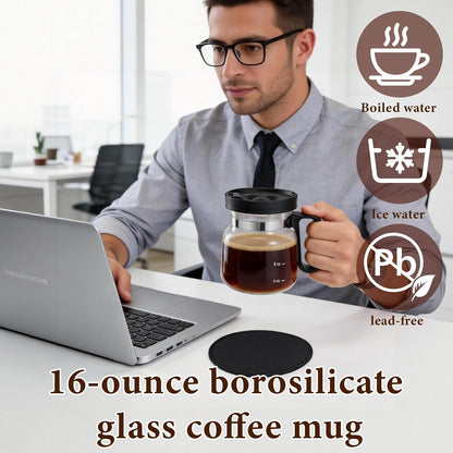 Skiennix Coffee Pot Mug - 16-Ounce Glass Mini Cup with Spill-Proof Lid & Stainless Steel Chilling Ball | Perfect Gift for Coffee Lovers