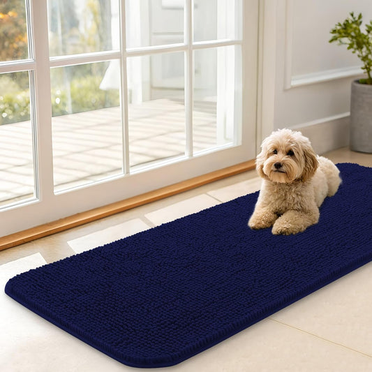 OLANLY Dog Door Mat - Absorbent Non-Slip Chenille Mat for Muddy Paws | 47x17 Inches, Navy Blue