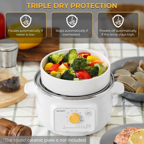 BUYDEEM G32 Electric Food Steamer - 1.6QT Stainless Steel for Vegetables, Eggs & Seafood | 8 Time Settings, Quick Steam, Arctic White
