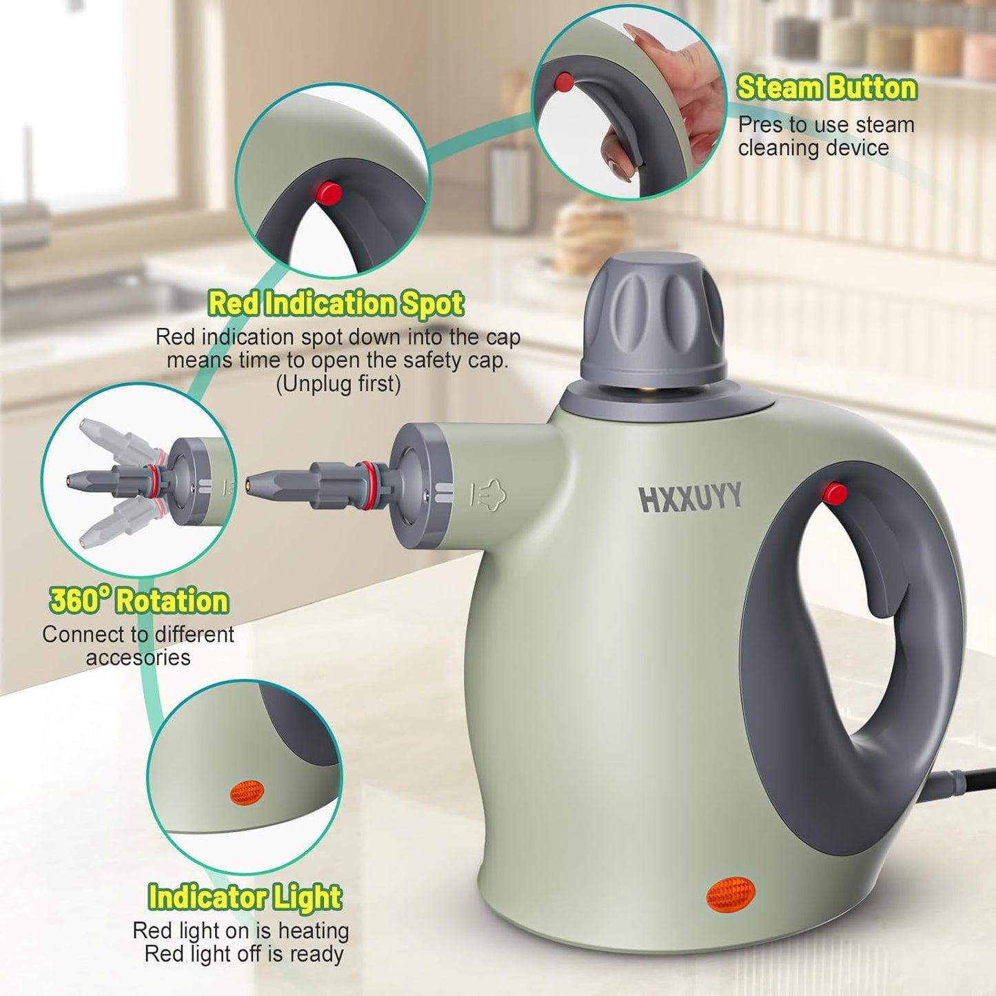 Multi-Surface Handheld Pressurized Steam Cleaner with 13 PCS Accessory ，Portable Steamer for Cleaning, Multipurpose Steam Cleaner for Home/Car/Bathroom/Grease/Upholstery/Floor/Grout and More (Green)