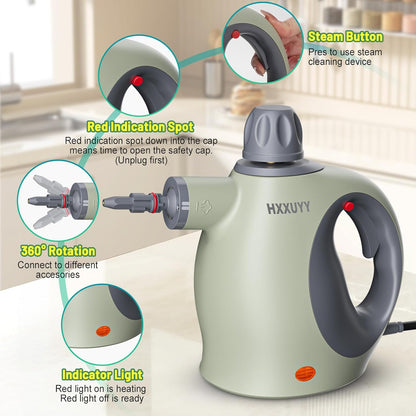 Multi-Surface Handheld Pressurized Steam Cleaner with 13 PCS Accessory ，Portable Steamer for Cleaning, Multipurpose Steam Cleaner for Home/Car/Bathroom/Grease/Upholstery/Floor/Grout and More (Green)