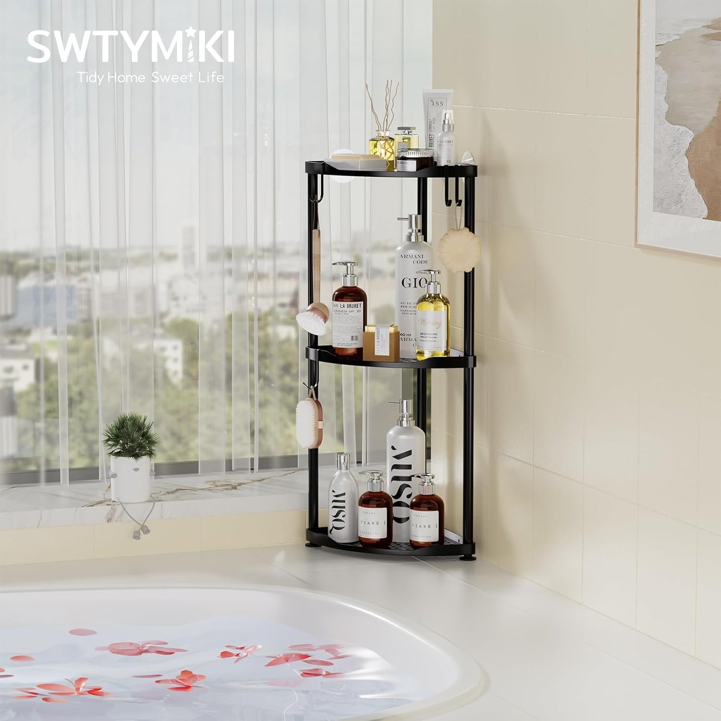 SWTYMIKI Corner Shower Caddy - 3-Tier Stainless Steel Organizer Stand with 4 Hooks | Rustproof Black Finish