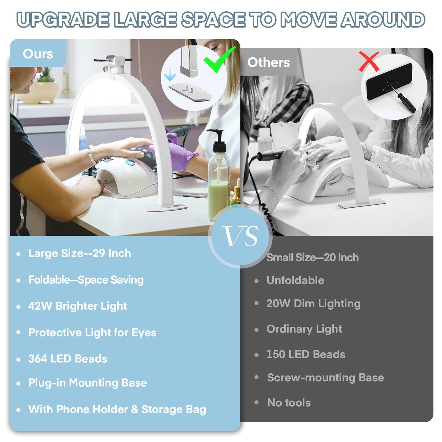 MYSWEETY Foldable Half Moon Light for Nail Desk, 29 Inch Led Nail Tech Desk Lamp, Half Moon Table Lamp with Phone Holder, 3000-6500K Esthetician Lash Light for Eyelash Extensions, Tattoo, Eyebrow