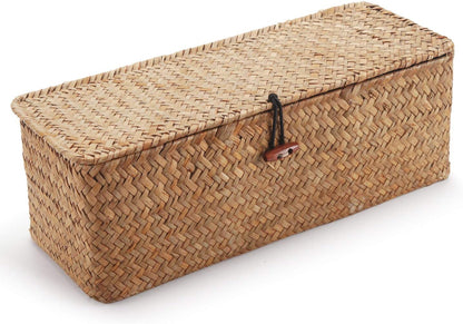 Seagrass Tank Basket - Woven Storage Basket with Lid for Organizing Snacks & Toys | Large 16.5" L x 5.5" W x 5.5" H