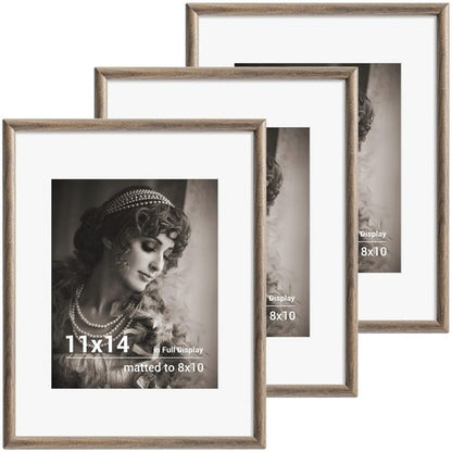 11x14 Picture Frame Set of 3 - Solid Walnut Wood Picture Frames with HD Tempered Glass, Handcrafted Rounded Corner 11 x 14 Wooden Frame Matted to 8x10 Photos, Horizontal or Vertical Wall Display