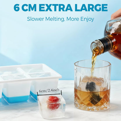 Skiennix Large Ice Cube Trays - Easy Release 2.4" Big Ice Cubes | Stackable Silicone Molds, BPA Free