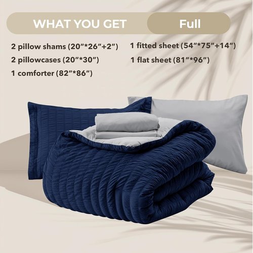 HYMOKEGE Comforter Set - Luxury 7-Piece All-Season Bedding in Navy Blue & Light Grey | Full Size