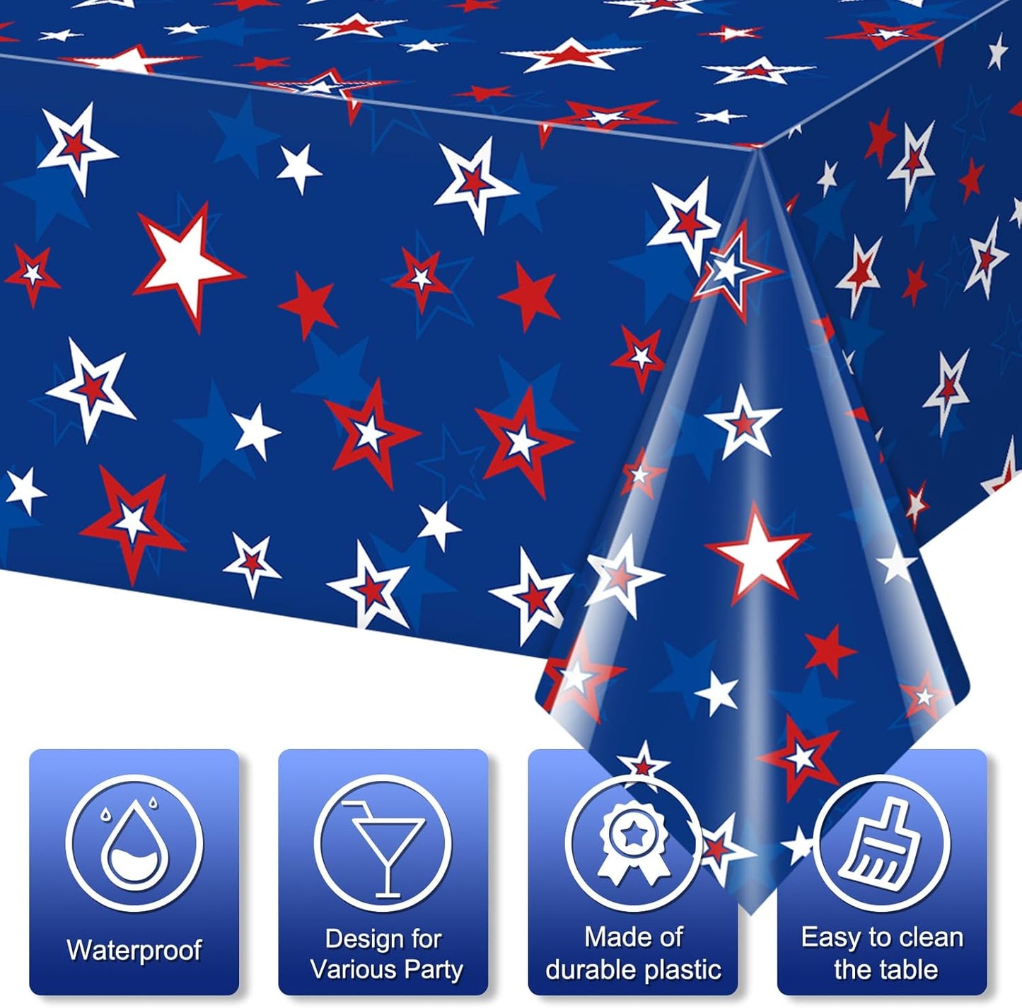 Patriotic Tablecloths by [Brand Name] - 3 Pack Disposable Rectangle Covers | Red, White & Blue Stars - 54x108 Inch for 4th of July Celebrations